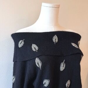 EMT Black Off-Shoulder Sweater Beaded Silk/Angora‎ 90s Y2K Glam Goth Knit